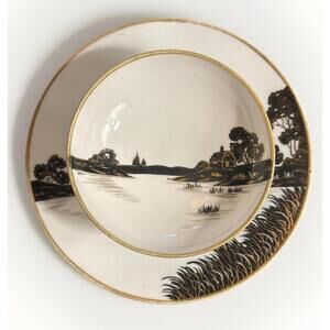 Antique Nippon Black Gold Landscape Compote Bowl w/ Attached Underplate